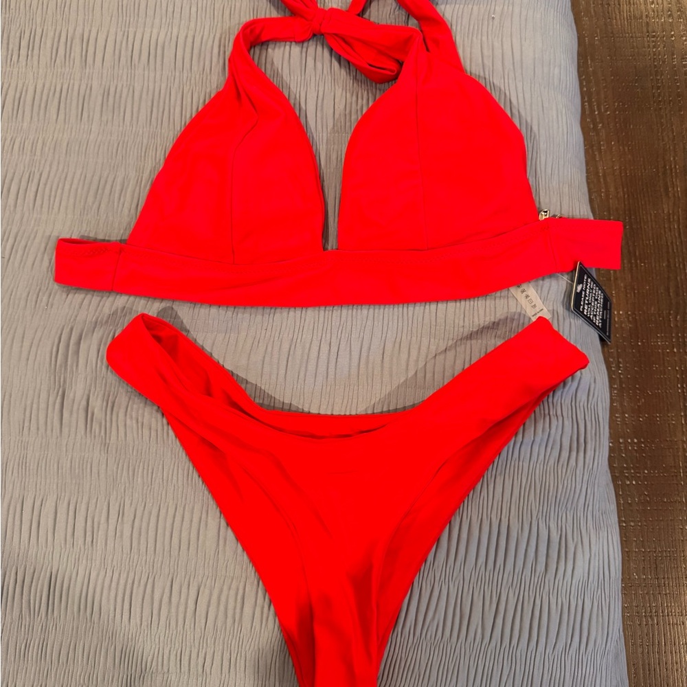 Striking Red Bikini Set with Plunging Neckline